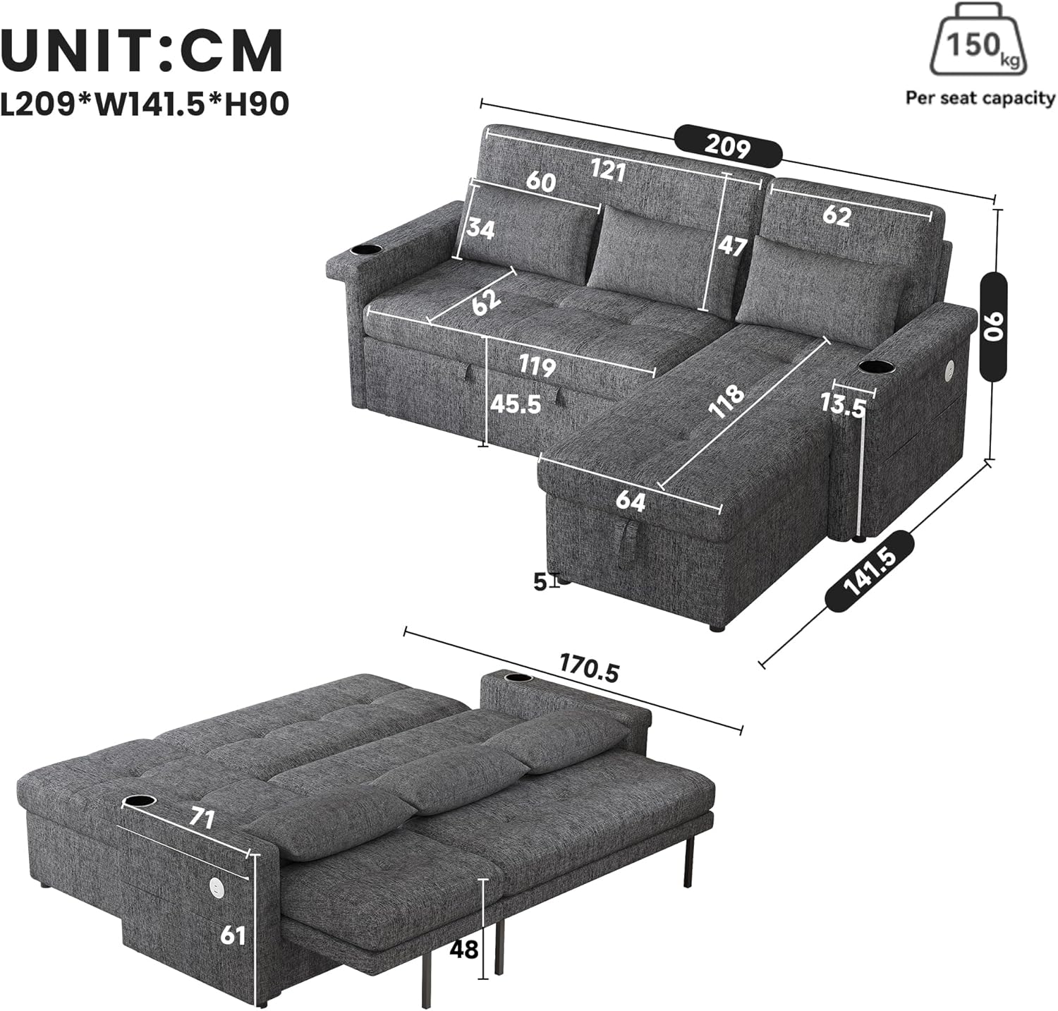 Merax Sofa Ecksofa mit Schlaffunktion, Schlafsofa mit Bettkasten und Verstellbarer Rückenlehne, Praktisches Eckcouch L-Form mit Stauraum, LED-Beleuchtung, USB-Steckdose und 2 Getränkehalter, Grau — Ansicht 2