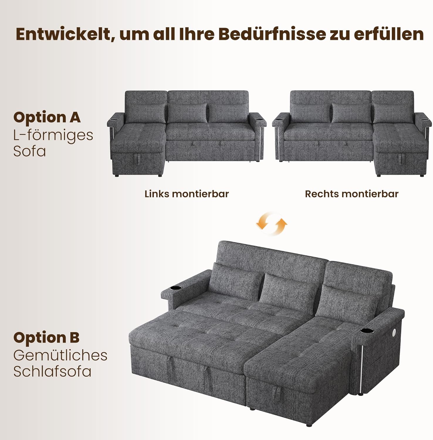 Merax Sofa Ecksofa mit Schlaffunktion, Schlafsofa mit Bettkasten und Verstellbarer Rückenlehne, Praktisches Eckcouch L-Form mit Stauraum, LED-Beleuchtung, USB-Steckdose und 2 Getränkehalter, Grau — Ansicht 5