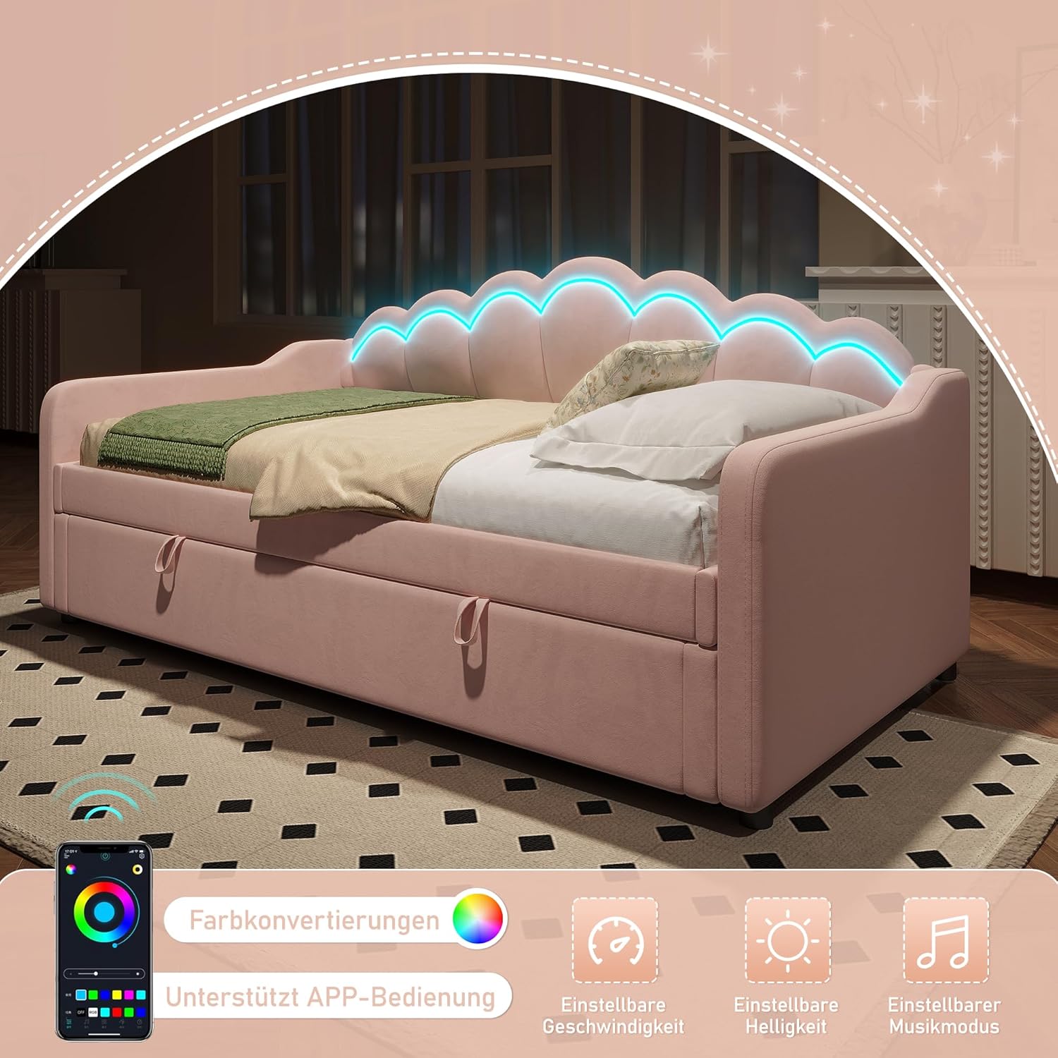 Merax Tagesbett 90x200 cm Schlafsofa mit Hydraulischem Stauraum, Farbwechselbarem LED-Streifen, Bettrahmen mit Lattenrost (ohne Matratze), Samt, Rosa — Ansicht 4