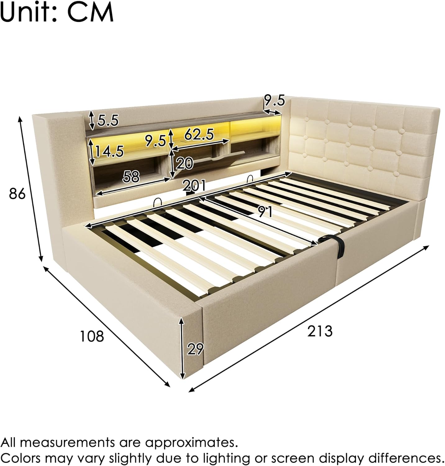 Merax Tagesbett 90x200cm, Polsterbett mit hydraulischem Stauraum, Einzelbett mit LED & Ladestation, L-förmigem Jugendbett mit Ablagefach, Lattenrost, Funktionsbett, Leinenstoff, ohne Matratze, Beige — Ansicht 2
