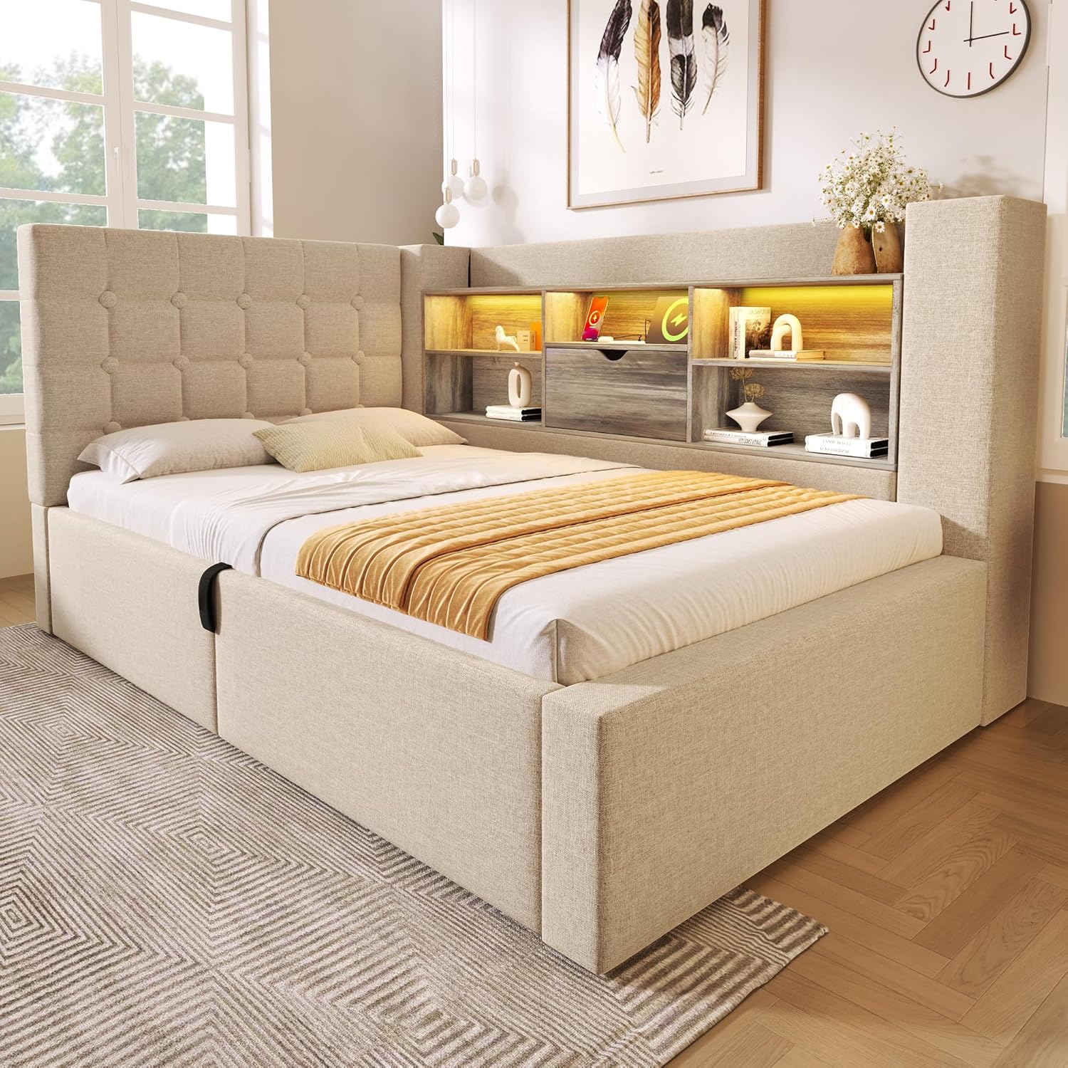 Merax Tagesbett 90x200cm, Polsterbett mit hydraulischem Stauraum, Einzelbett mit LED & Ladestation, L-förmigem Jugendbett mit Ablagefach, Lattenrost, Funktionsbett, Leinenstoff, ohne Matratze, Beige — Ansicht 4