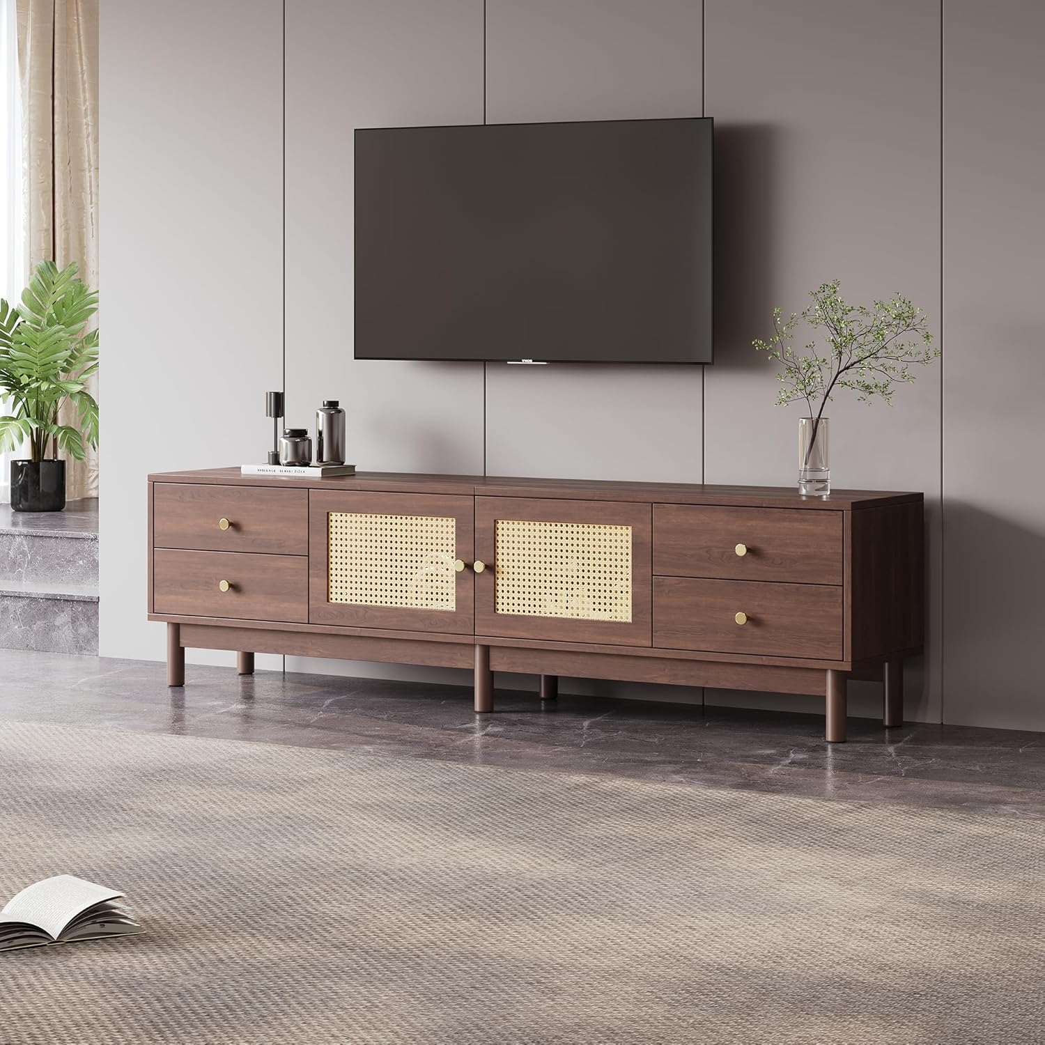Merax TV Board 180 cm Lowboard, TV Schrank Holz Dunkel, Fernsehtisch mit Kabelmanagement, TV Kommode für 80 Zoll, Lowboard Wohnzimmer mit hydraulischen Scharnieren — Ansicht 2