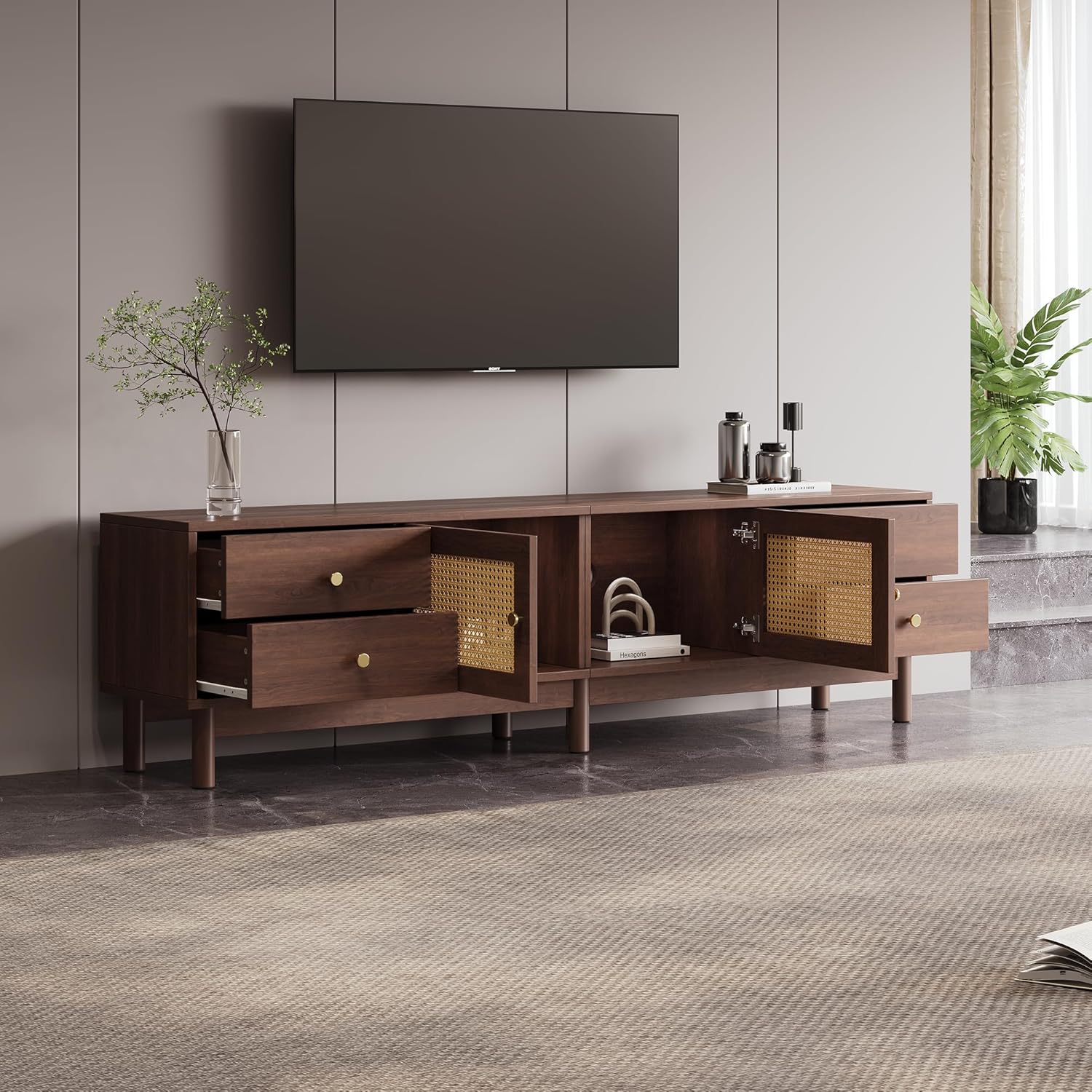 Merax TV Board 180 cm Lowboard, TV Schrank Holz Dunkel, Fernsehtisch mit Kabelmanagement, TV Kommode für 80 Zoll, Lowboard Wohnzimmer mit hydraulischen Scharnieren — Ansicht 3