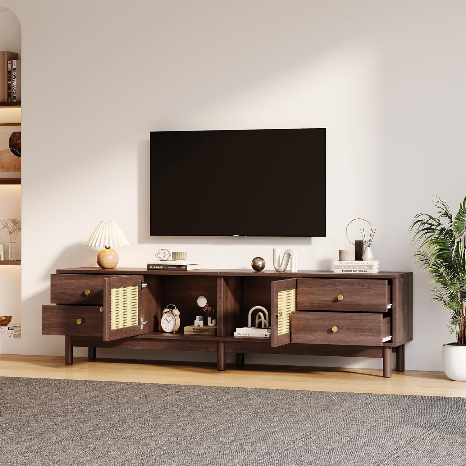Merax TV Board 180 cm Lowboard, TV Schrank Holz Dunkel, Fernsehtisch mit Kabelmanagement, TV Kommode für 80 Zoll, Lowboard Wohnzimmer mit hydraulischen Scharnieren — Ansicht 5