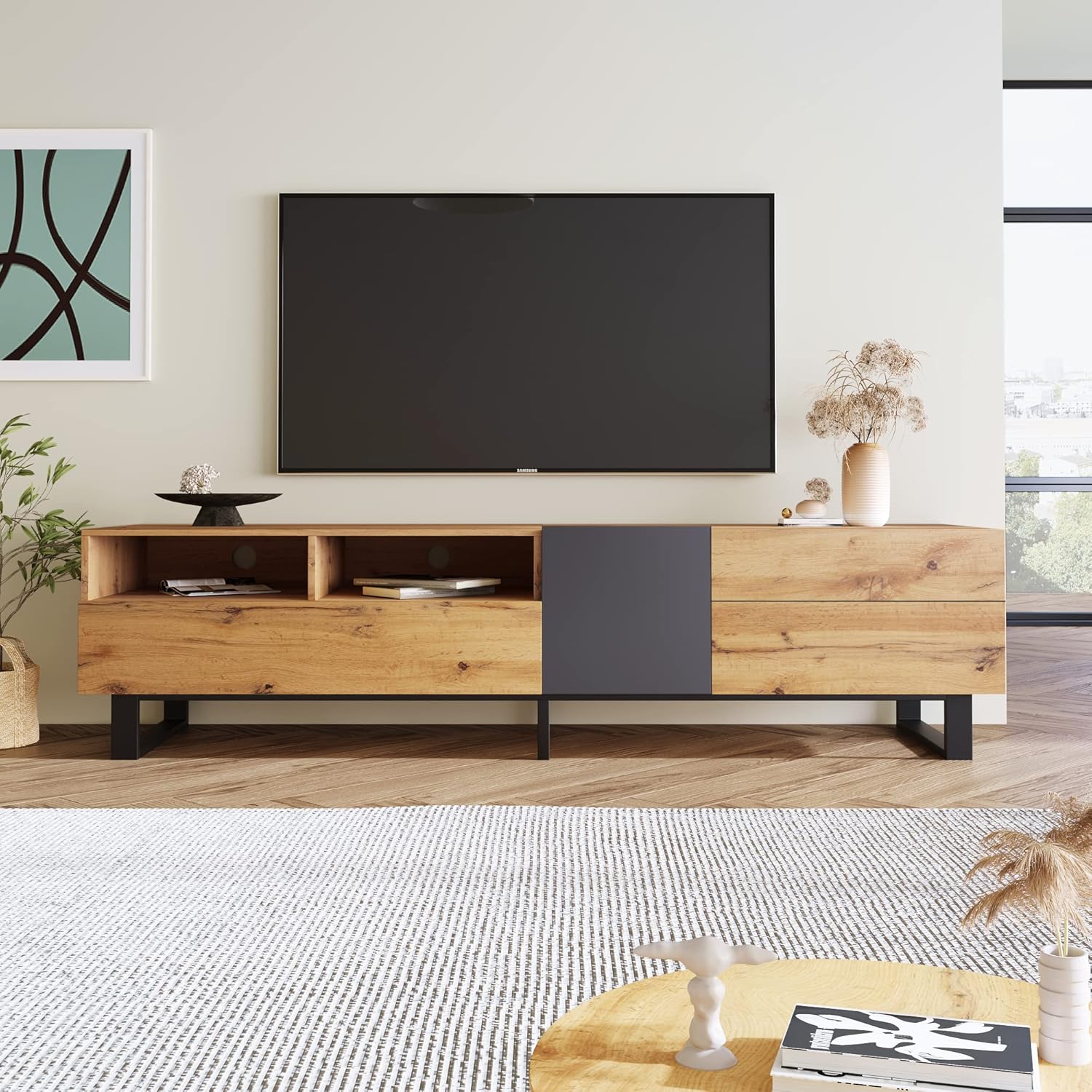 Merax TV Lowboard 180 cm Schwarz Wildeiche, TV Bank, TV Schrank mit 2 Schließfach und 2 Schublade, Vintage Industrial, Fernsehtisch TV Board Rack, für Wohnzimmer und Esszimmer, 180 x 38 x 50 cm