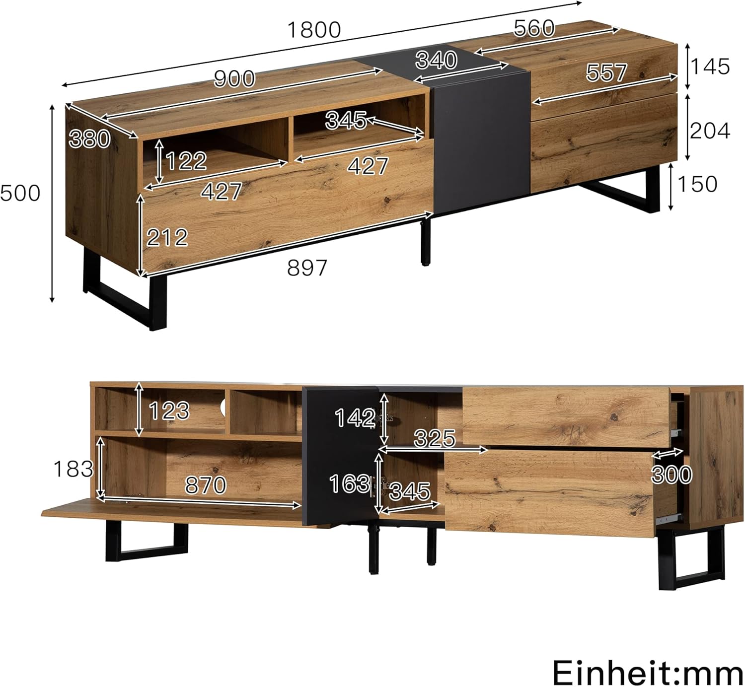 Merax TV Lowboard 180 cm Schwarz Wildeiche, TV Bank, TV Schrank mit 2 Schließfach und 2 Schublade, Vintage Industrial, Fernsehtisch TV Board Rack, für Wohnzimmer und Esszimmer, 180 x 38 x 50 cm — Ansicht 5