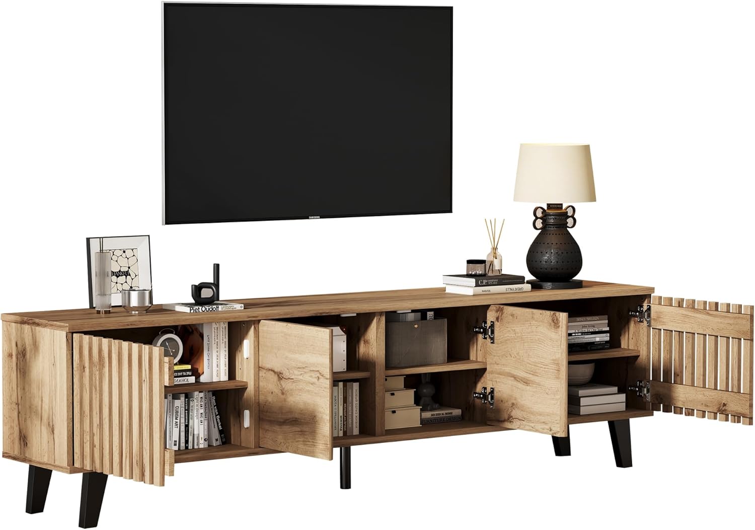 Merax TV Schrank 180cm, Fernsehtisch, Lowboard mit 4 Schränken für 70-Zoll-Fernseher, Durchbrochene Schranktüren, TV Kommode, HiFi-Schrank für Wohnzimmer/Schlafzimmer, Landhausstil, Original Holzfarbe — Ansicht 6