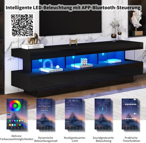 Merax TV Schrank mit LED-Beleuchtung, Lowboard für Fernseher bis 70 Zoll, modernes Wohnwand Design, TV Board für Wohnzimmer, Schwarz Hochglanz mit Glasfächern — Ansicht 3