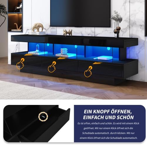 Merax TV Schrank mit LED-Beleuchtung, Lowboard für Fernseher bis 70 Zoll, modernes Wohnwand Design, TV Board für Wohnzimmer, Schwarz Hochglanz mit Glasfächern — Ansicht 6