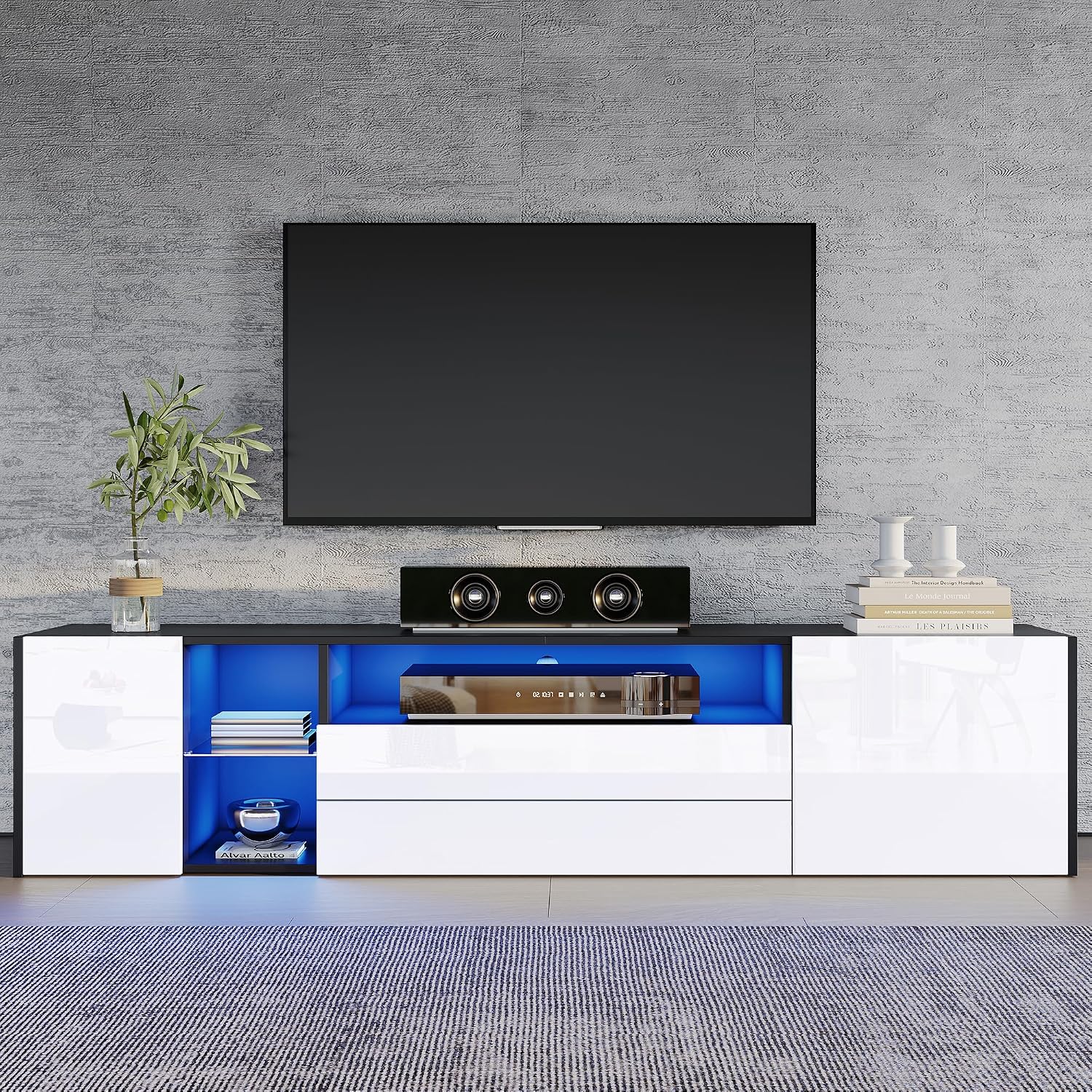 Merax TV-Schrank mit LED, Fernsehschrank Hochglanz mit 2 Türen und 2 Schubladen, TV-ständer für Fernseher bis zu 75 Zoll, TV Lowboard für Wohnzimmer, Schlafzimmer, Esszimmer, 180cm, Schwarz & Weiß — Ansicht 2