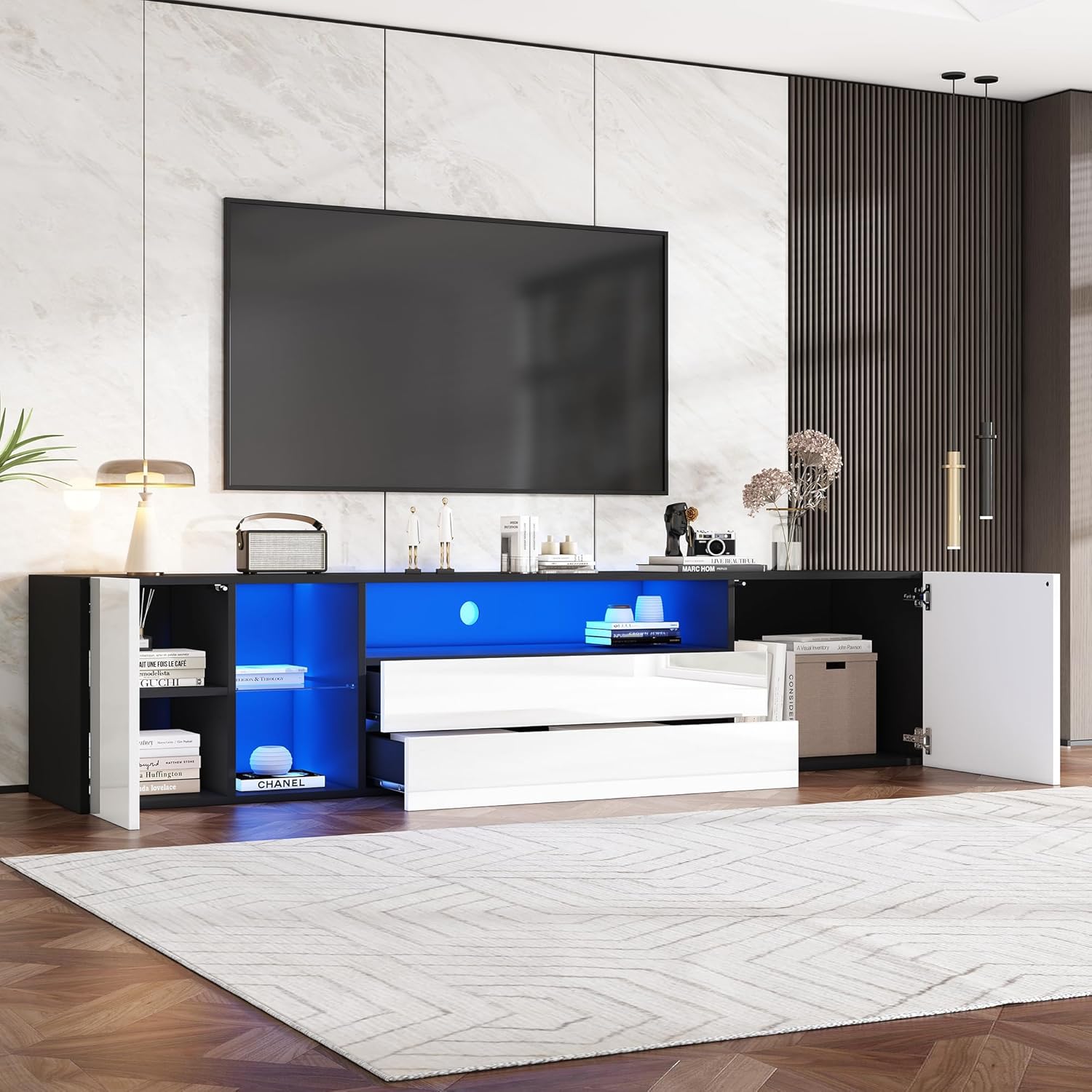 Merax TV-Schrank mit LED, Fernsehschrank Hochglanz mit 2 Türen und 2 Schubladen, TV-ständer für Fernseher bis zu 75 Zoll, TV Lowboard für Wohnzimmer, Schlafzimmer, Esszimmer, 180cm, Schwarz & Weiß — Ansicht 3