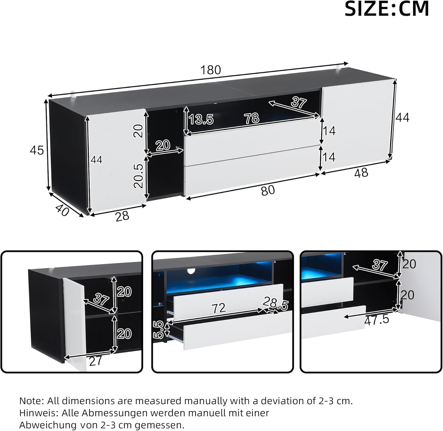 Merax TV-Schrank mit LED, Fernsehschrank Hochglanz mit 2 Türen und 2 Schubladen, TV-ständer für Fernseher bis zu 75 Zoll, TV Lowboard für Wohnzimmer, Schlafzimmer, Esszimmer, 180cm, Schwarz & Weiß — Ansicht 4