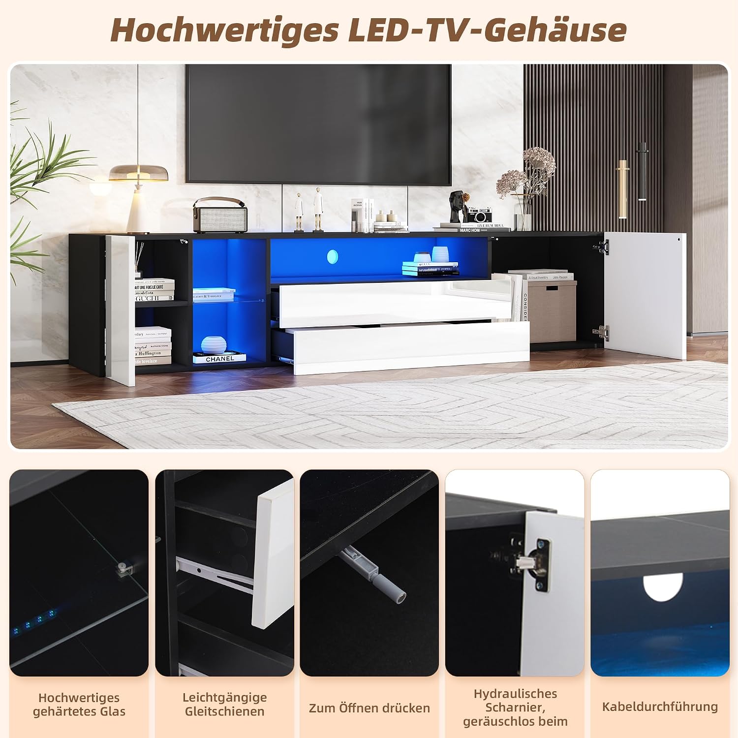 Merax TV-Schrank mit LED, Fernsehschrank Hochglanz mit 2 Türen und 2 Schubladen, TV-ständer für Fernseher bis zu 75 Zoll, TV Lowboard für Wohnzimmer, Schlafzimmer, Esszimmer, 180cm, Schwarz & Weiß — Ansicht 5