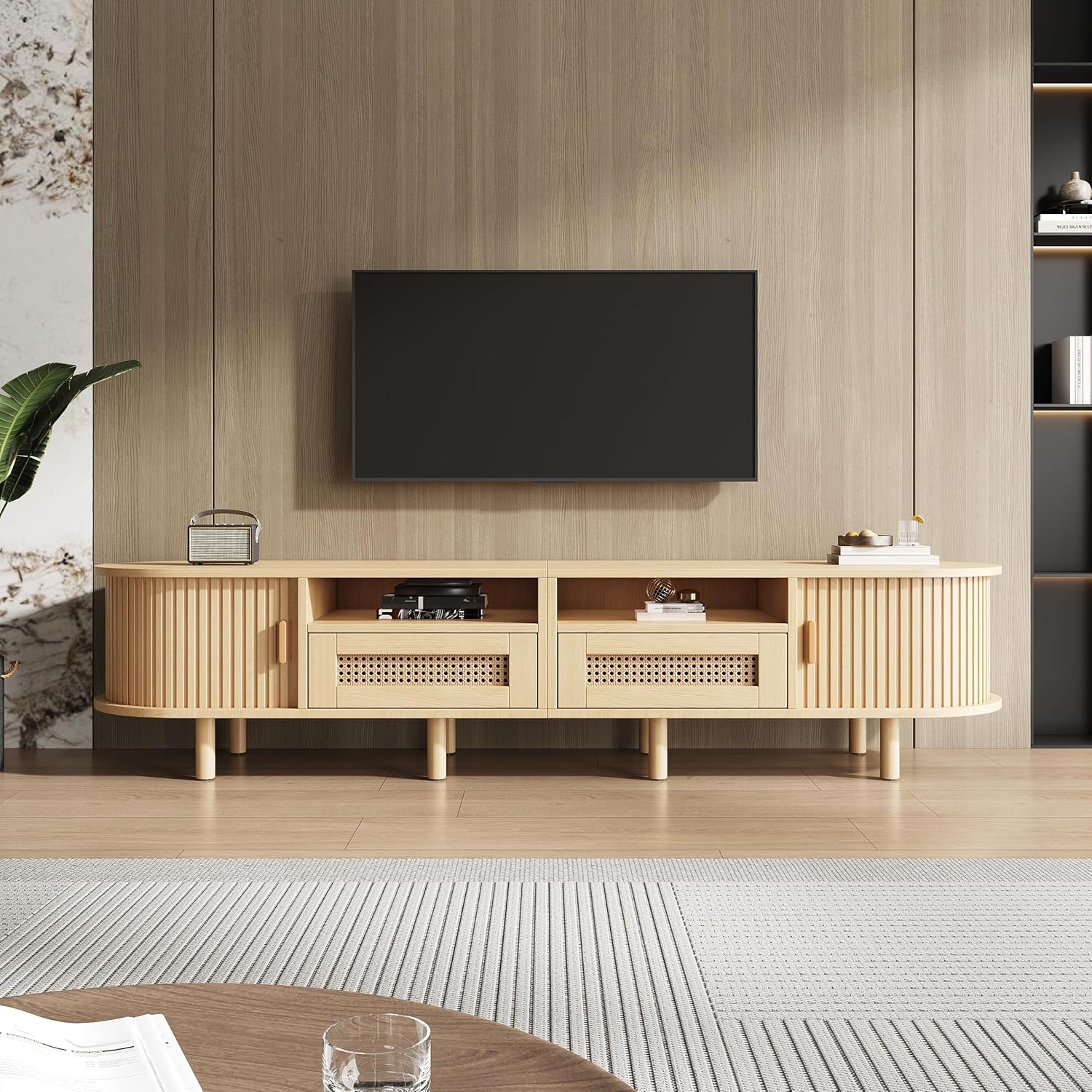 Merax TV Schrank Ovaler in Holzfarbe, Lowboard Fernsehtisch mit 2 Schiebetüren, 2 Rattan-Schubladen, TV-Regal für Fernseher bis zu 70 Zoll, Landhausstil Sideboard Fernsehschrank für Wohnzimmer, 170cm — Ansicht 2