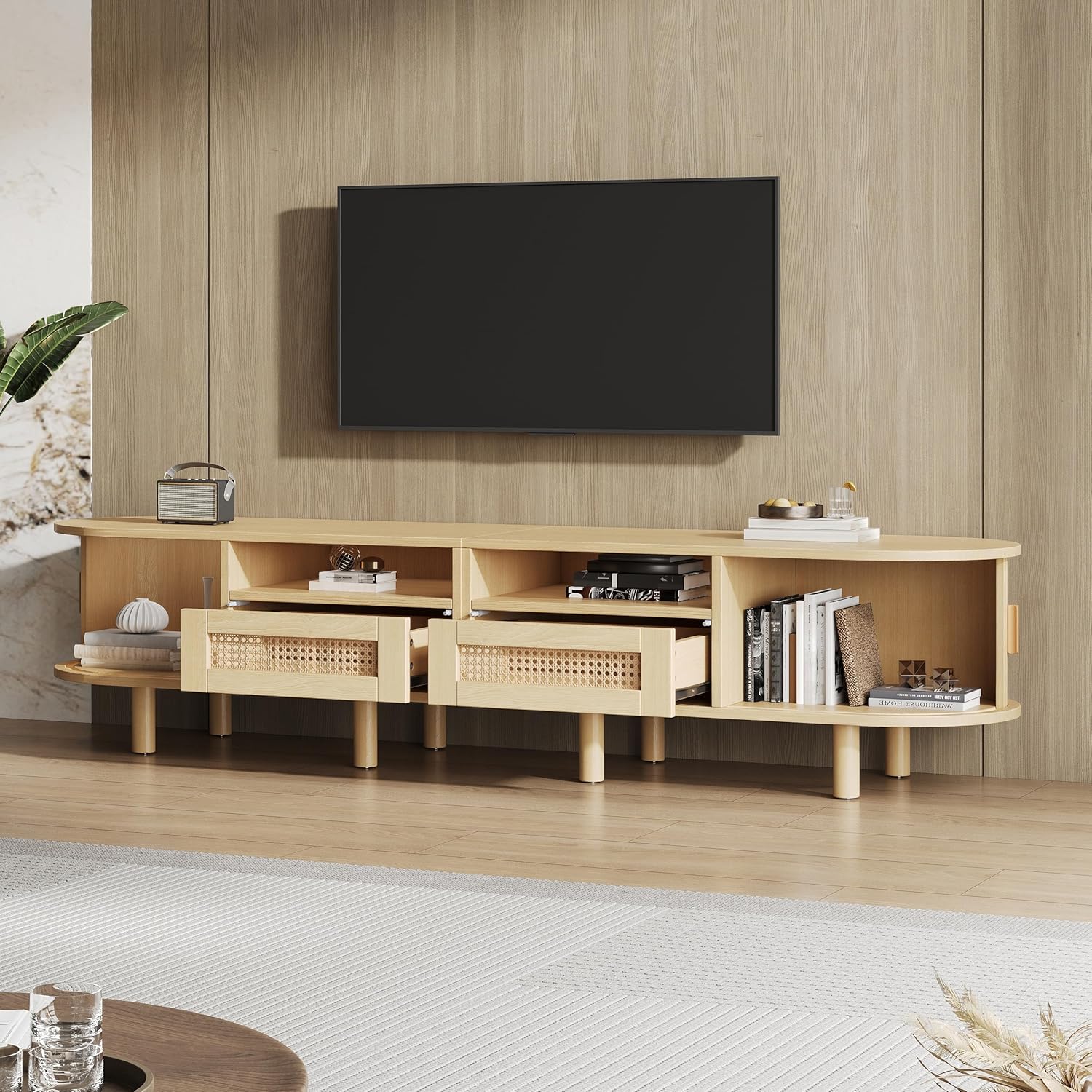 Merax TV Schrank Ovaler in Holzfarbe, Lowboard Fernsehtisch mit 2 Schiebetüren, 2 Rattan-Schubladen, TV-Regal für Fernseher bis zu 70 Zoll, Landhausstil Sideboard Fernsehschrank für Wohnzimmer, 170cm — Ansicht 3