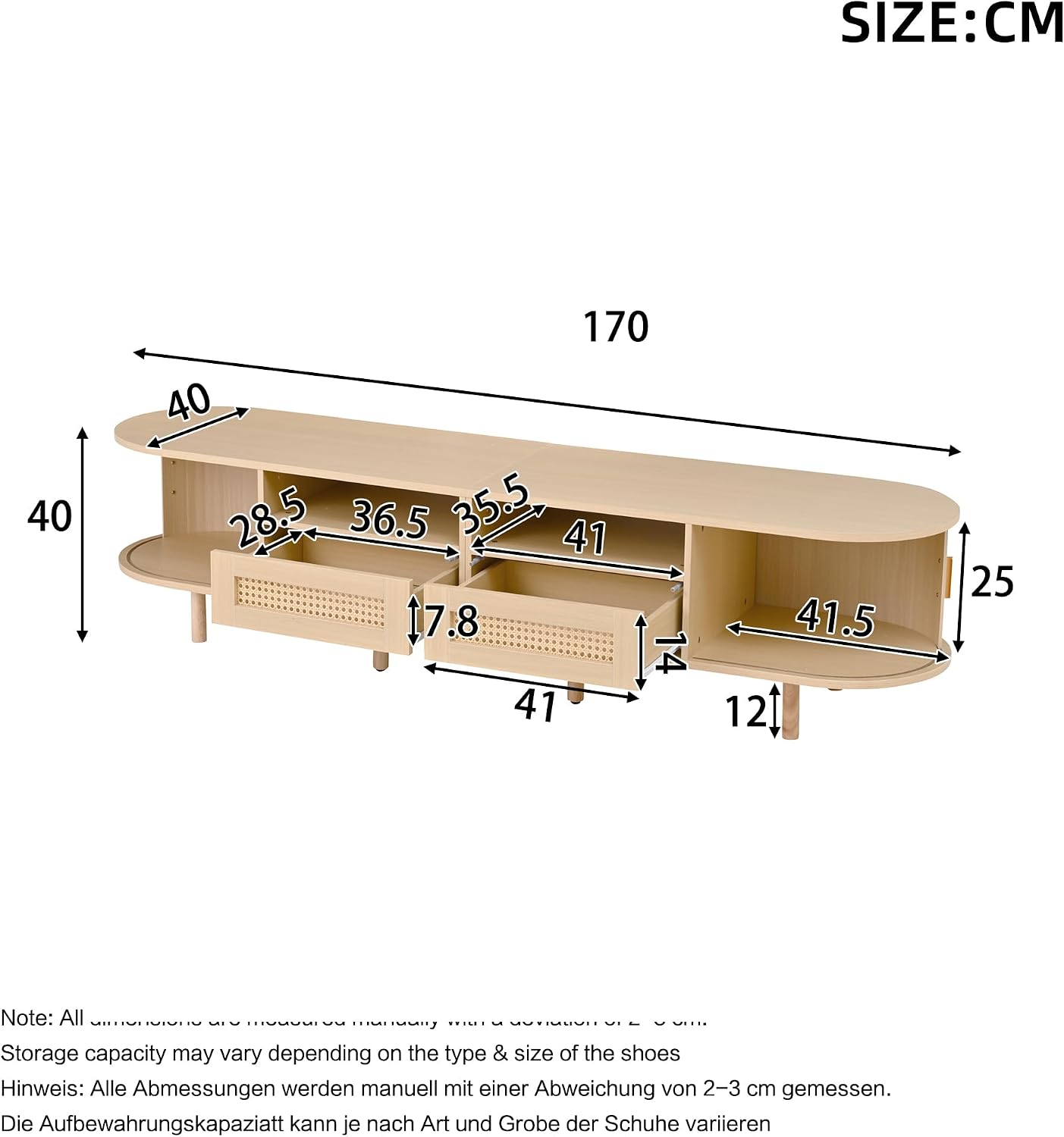 Merax TV Schrank Ovaler in Holzfarbe, Lowboard Fernsehtisch mit 2 Schiebetüren, 2 Rattan-Schubladen, TV-Regal für Fernseher bis zu 70 Zoll, Landhausstil Sideboard Fernsehschrank für Wohnzimmer, 170cm — Ansicht 4