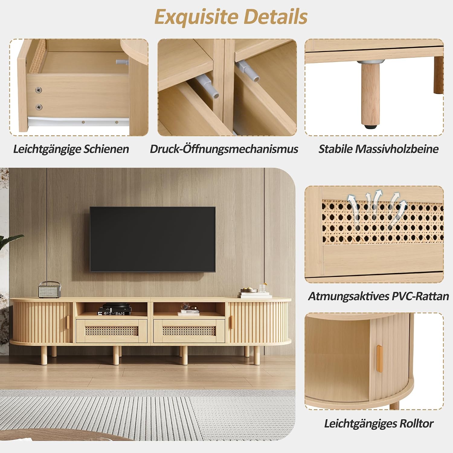 Merax TV Schrank Ovaler in Holzfarbe, Lowboard Fernsehtisch mit 2 Schiebetüren, 2 Rattan-Schubladen, TV-Regal für Fernseher bis zu 70 Zoll, Landhausstil Sideboard Fernsehschrank für Wohnzimmer, 170cm — Ansicht 6