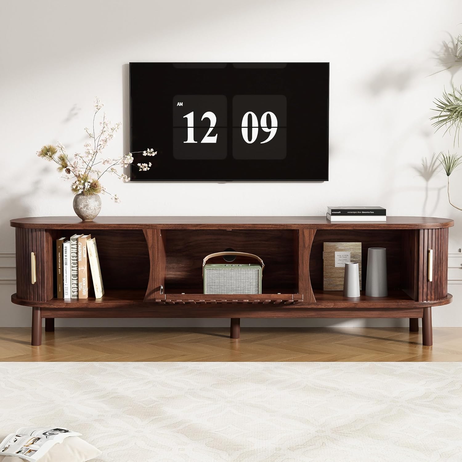Merax TV-Schrank Retro TV-Lowboard mit offenen Fächern Schiebetür und Klapptür – 3 Stauräumen & großer Plattform – 165 x 39,5 x 46 cm – Stabiler MDF Fernsehschrank Brauner — Ansicht 2