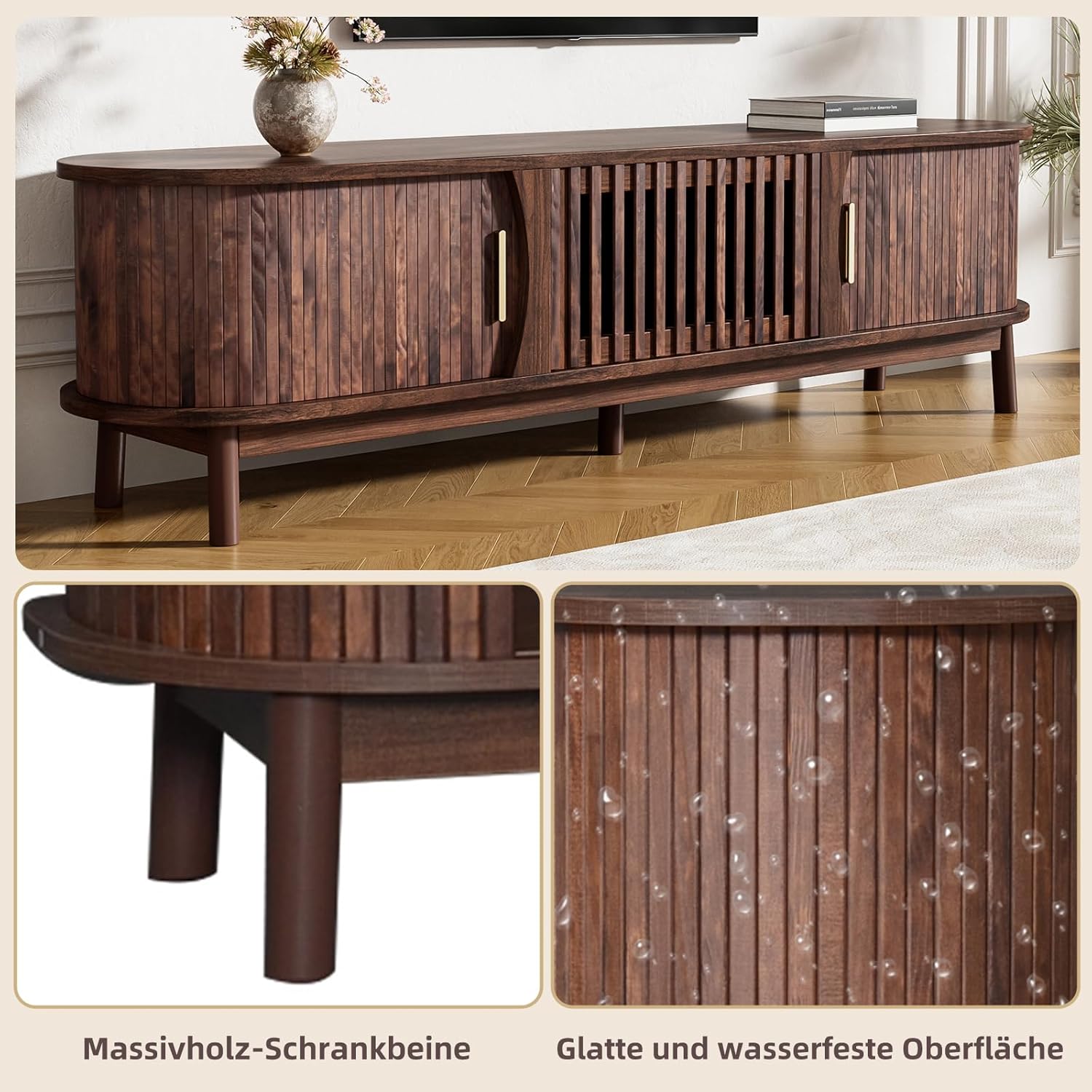 Merax TV-Schrank Retro TV-Lowboard mit offenen Fächern Schiebetür und Klapptür – 3 Stauräumen & großer Plattform – 165 x 39,5 x 46 cm – Stabiler MDF Fernsehschrank Brauner — Ansicht 3
