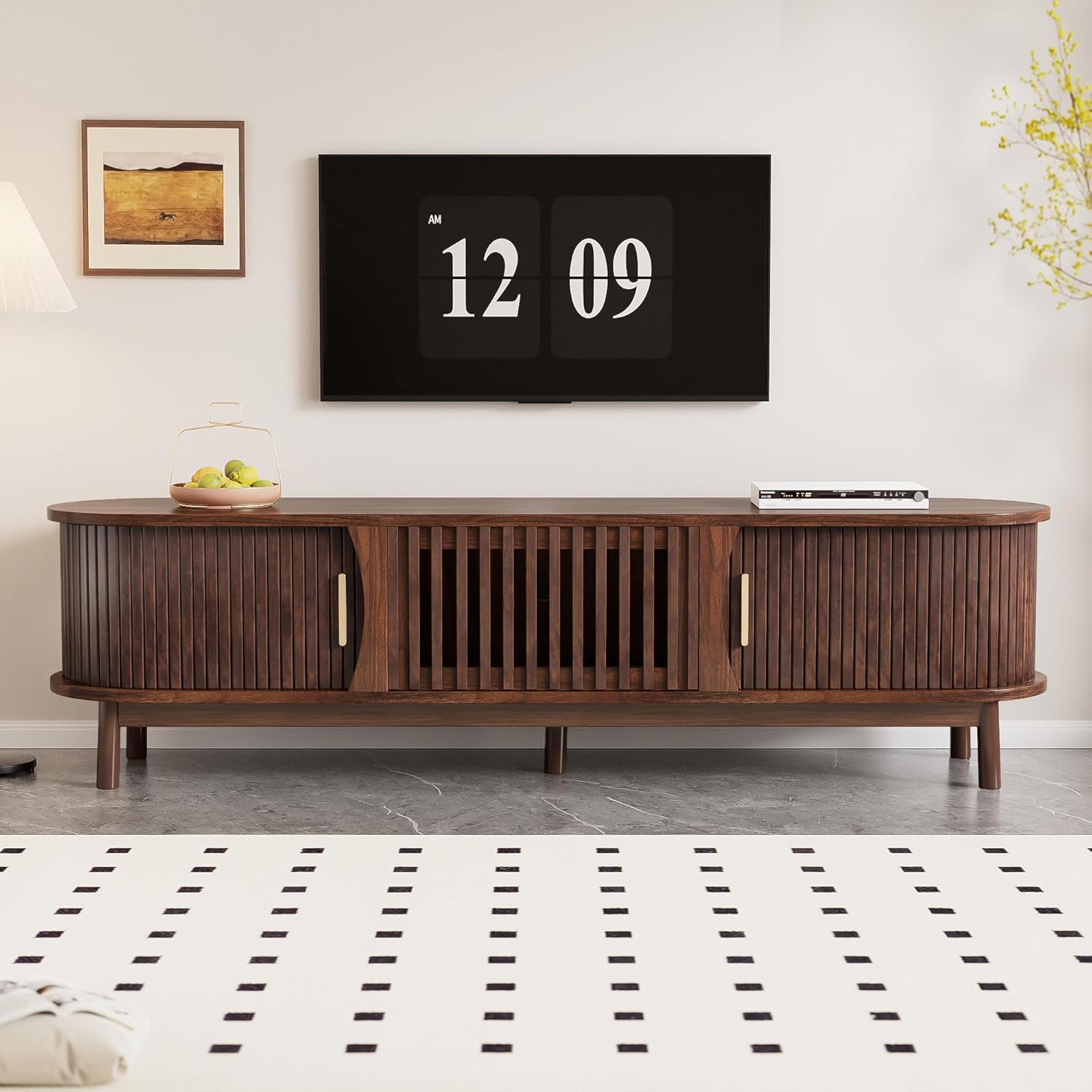 Merax TV-Schrank Retro TV-Lowboard mit offenen Fächern Schiebetür und Klapptür – 3 Stauräumen & großer Plattform – 165 x 39,5 x 46 cm – Stabiler MDF Fernsehschrank Brauner