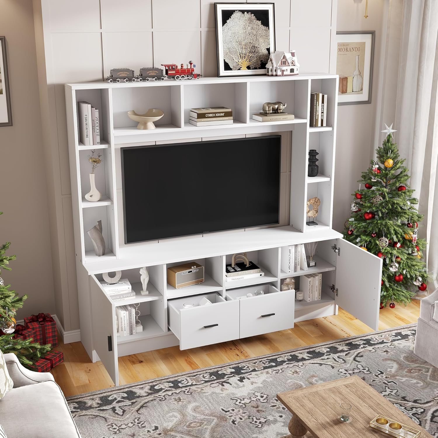 Merax TV Wohnwand-Set, Anbauwand, Mediawand mit TV Lowboard & Wandregale, TV-Schrank mit 2 Schränke, 2 Schubladen, Offene Regale, Elegante Schrankwand, Wohnzimmermöbel Komplett, TV bis 60-Zoll, Weiß — Ansicht 3