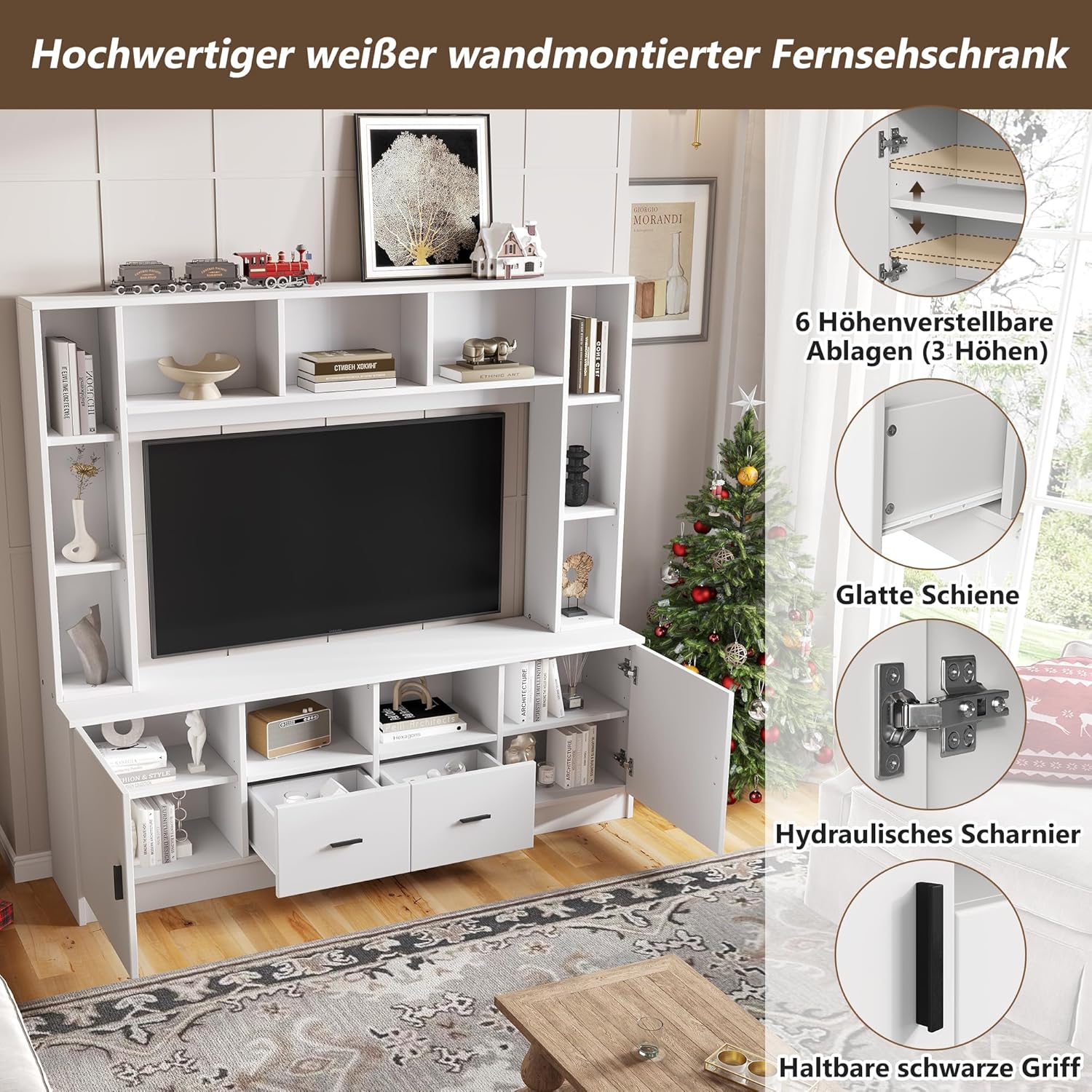 Merax TV Wohnwand-Set, Anbauwand, Mediawand mit TV Lowboard & Wandregale, TV-Schrank mit 2 Schränke, 2 Schubladen, Offene Regale, Elegante Schrankwand, Wohnzimmermöbel Komplett, TV bis 60-Zoll, Weiß — Ansicht 5