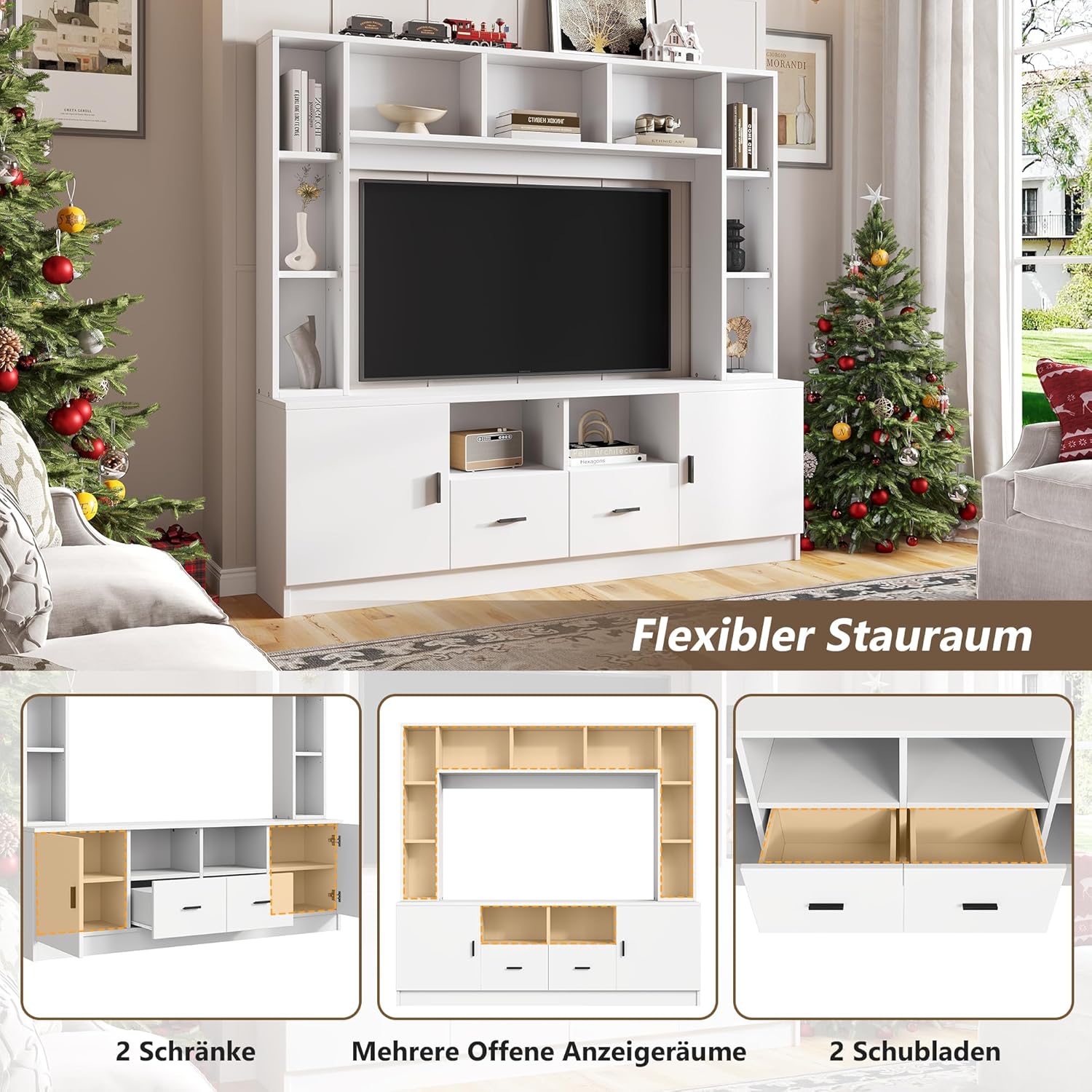 Merax TV Wohnwand-Set, Anbauwand, Mediawand mit TV Lowboard & Wandregale, TV-Schrank mit 2 Schränke, 2 Schubladen, Offene Regale, Elegante Schrankwand, Wohnzimmermöbel Komplett, TV bis 60-Zoll, Weiß — Ansicht 6