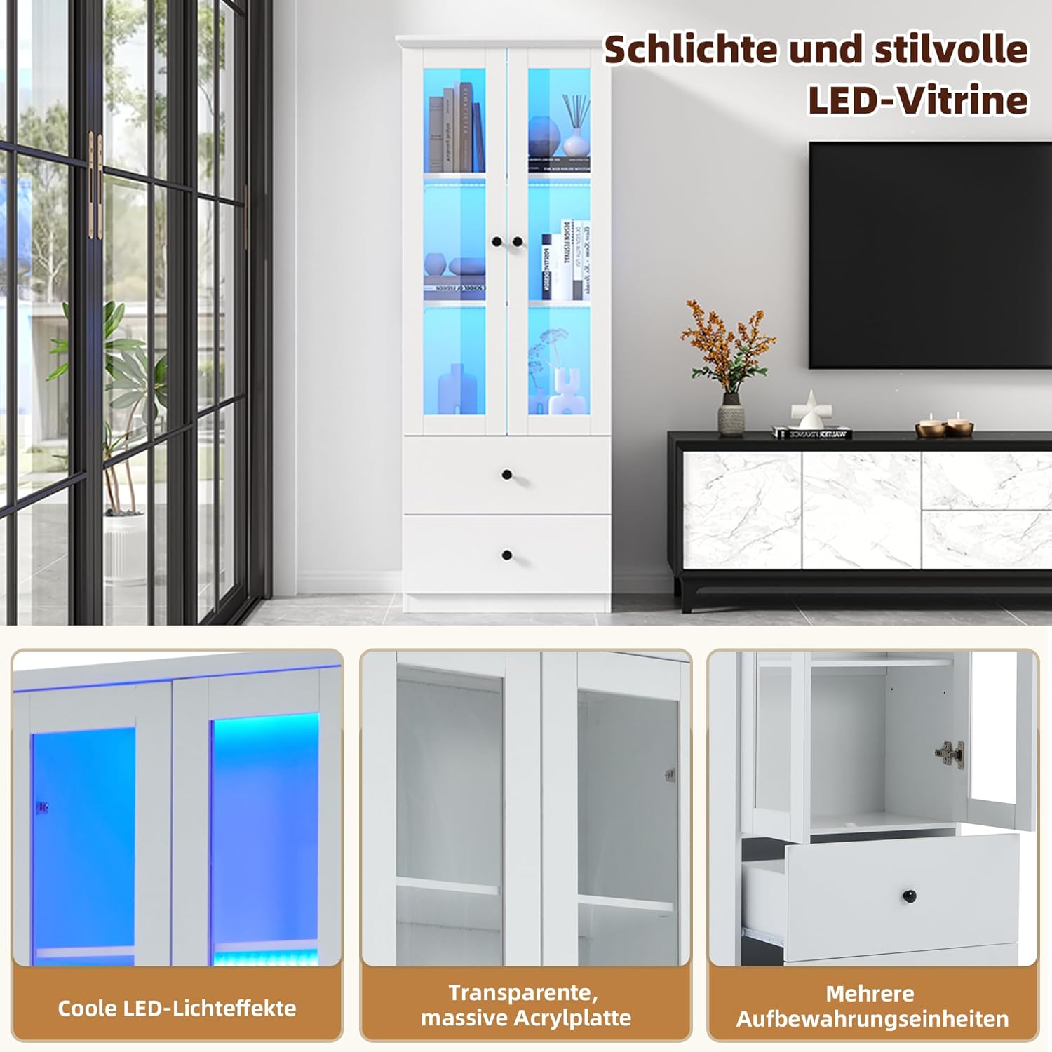 Merax Vitrine mit LED-Lichtern, Glasvitrine mit Schubladen und verstellbaren Fachböden, Modern Vitrinenschrank Bücherschrank Sammlervitrine, Hochschränk für Küchen Wohnzimmer Schlafzimmer Büro, Weiß — Ansicht 4