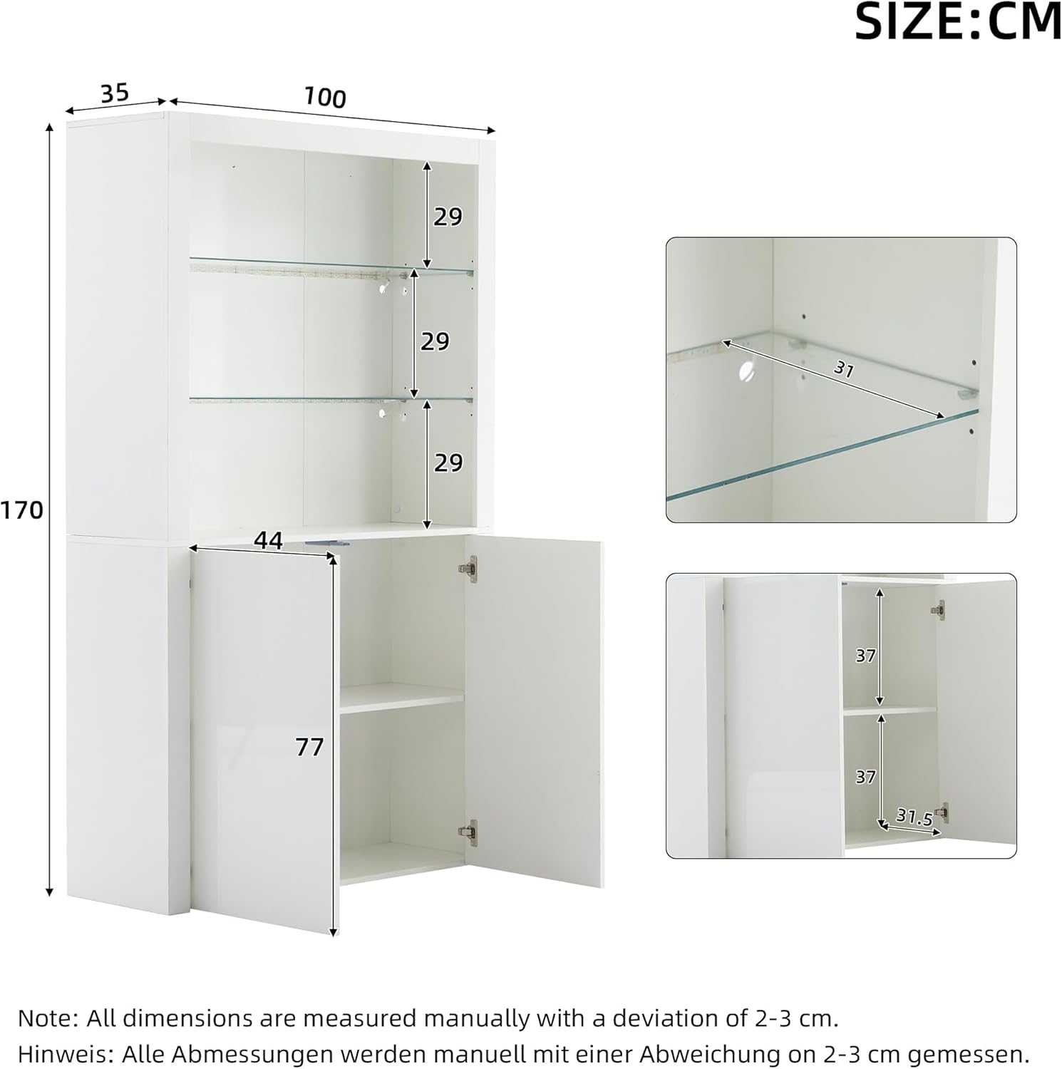 Merax Vitrinenschrank mit LED Beleuchtung, Hochschrank Hochglanz Weiß mit 2 Türen und 2 Glasböden, Bücherschrank Küchenschrank Standschrank, Mehrzweckschrank für Wohnzimmer Schlafzimmer Büro, 170cm — Ansicht 2