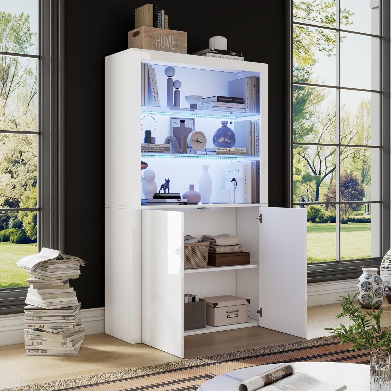 Merax Vitrinenschrank mit LED Beleuchtung, Hochschrank Hochglanz Weiß mit 2 Türen und 2 Glasböden, Bücherschrank Küchenschrank Standschrank, Mehrzweckschrank für Wohnzimmer Schlafzimmer Büro, 170cm — Ansicht 4