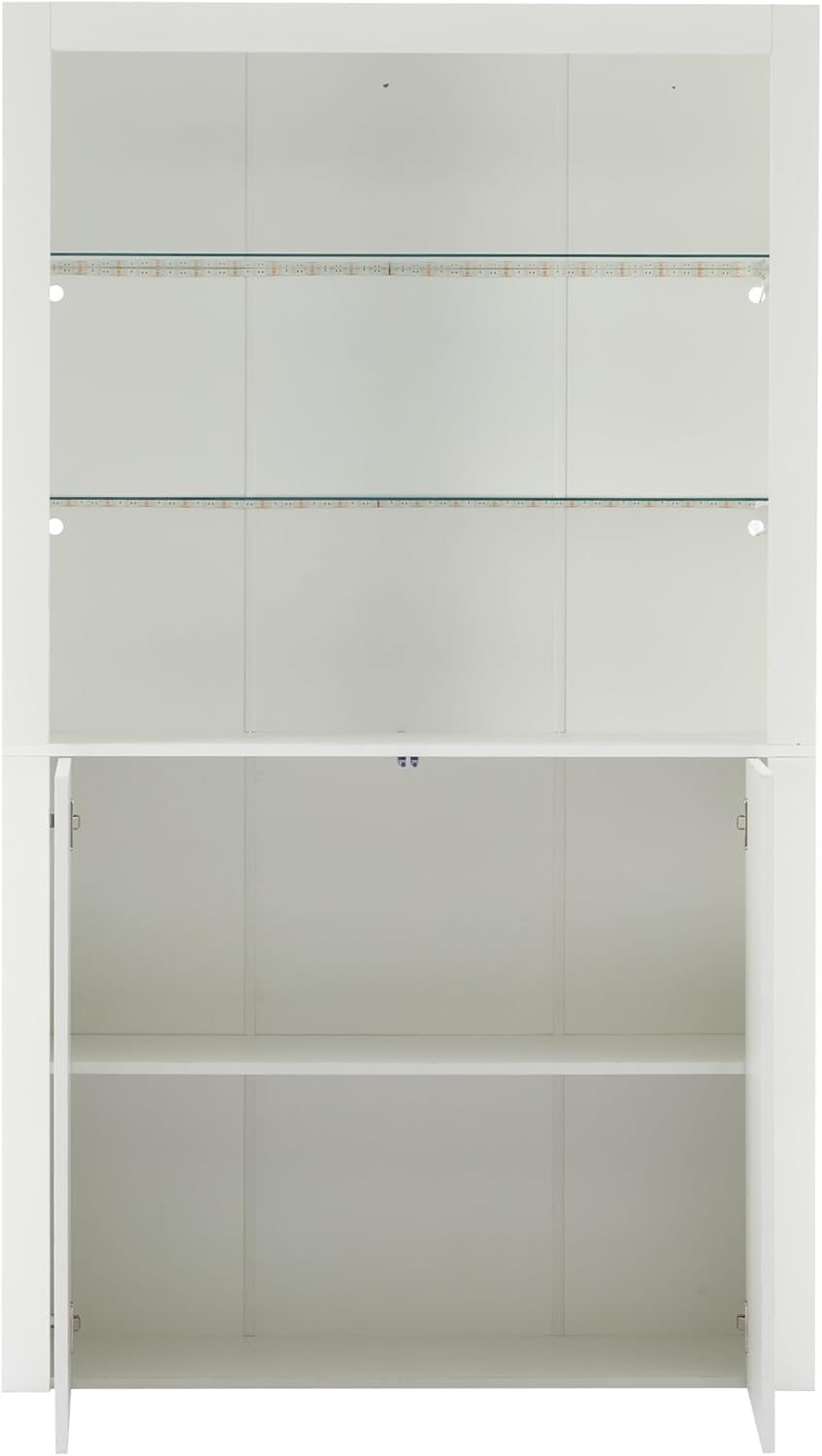 Merax Vitrinenschrank mit LED Beleuchtung, Hochschrank Hochglanz Weiß mit 2 Türen und 2 Glasböden, Bücherschrank Küchenschrank Standschrank, Mehrzweckschrank für Wohnzimmer Schlafzimmer Büro, 170cm — Ansicht 6