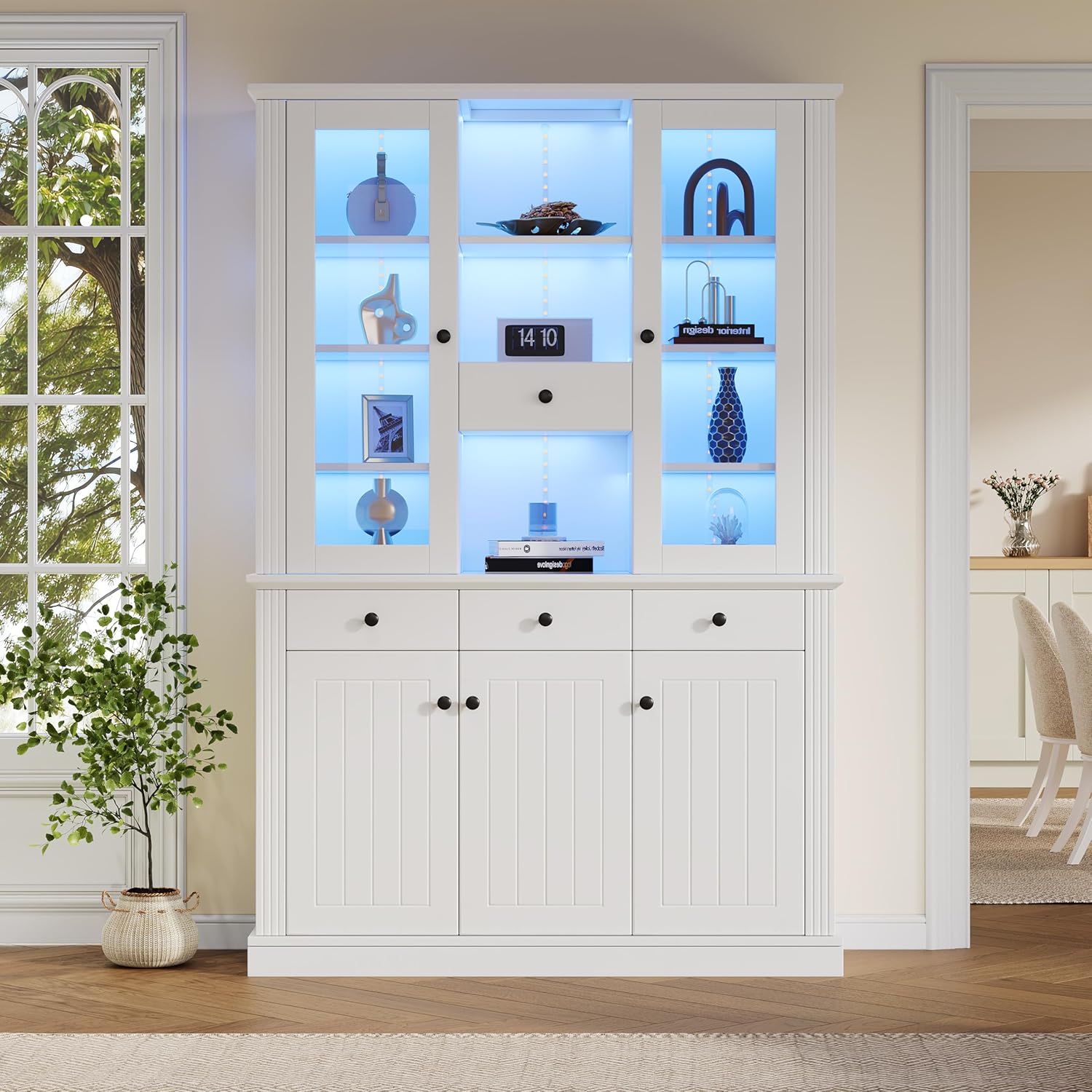 Merax Vitrinenschrank mit LED, Modern Bücherschrank Standvitrine mit Transparente Vitrine aus Acryl, 5 Türen 4 Schubladen, Offene Fächer, Highboard Sammlervitrine für Wohnzimmer Büro Esszimmer, Weiß — Ansicht 3