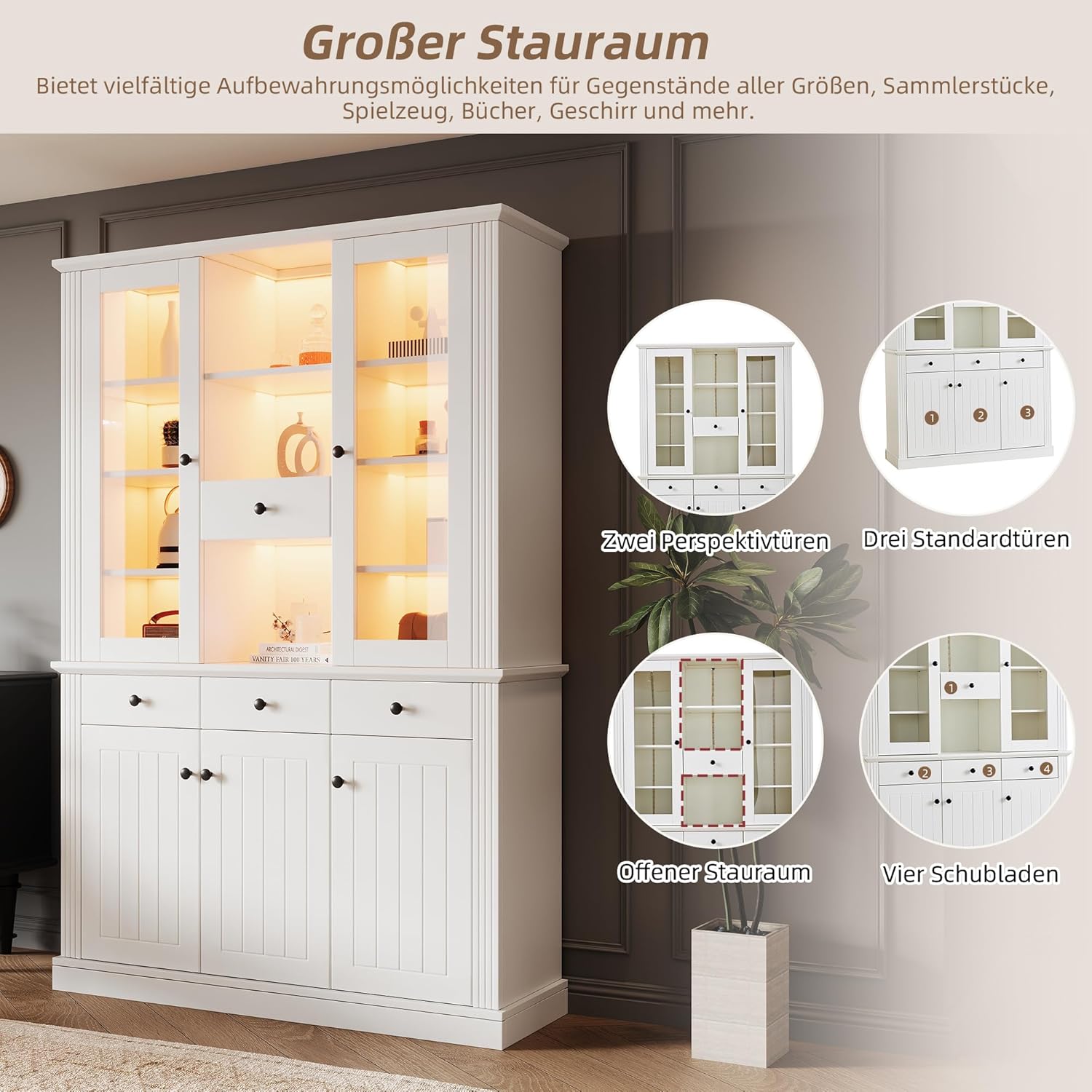 Merax Vitrinenschrank mit LED, Modern Bücherschrank Standvitrine mit Transparente Vitrine aus Acryl, 5 Türen 4 Schubladen, Offene Fächer, Highboard Sammlervitrine für Wohnzimmer Büro Esszimmer, Weiß — Ansicht 5