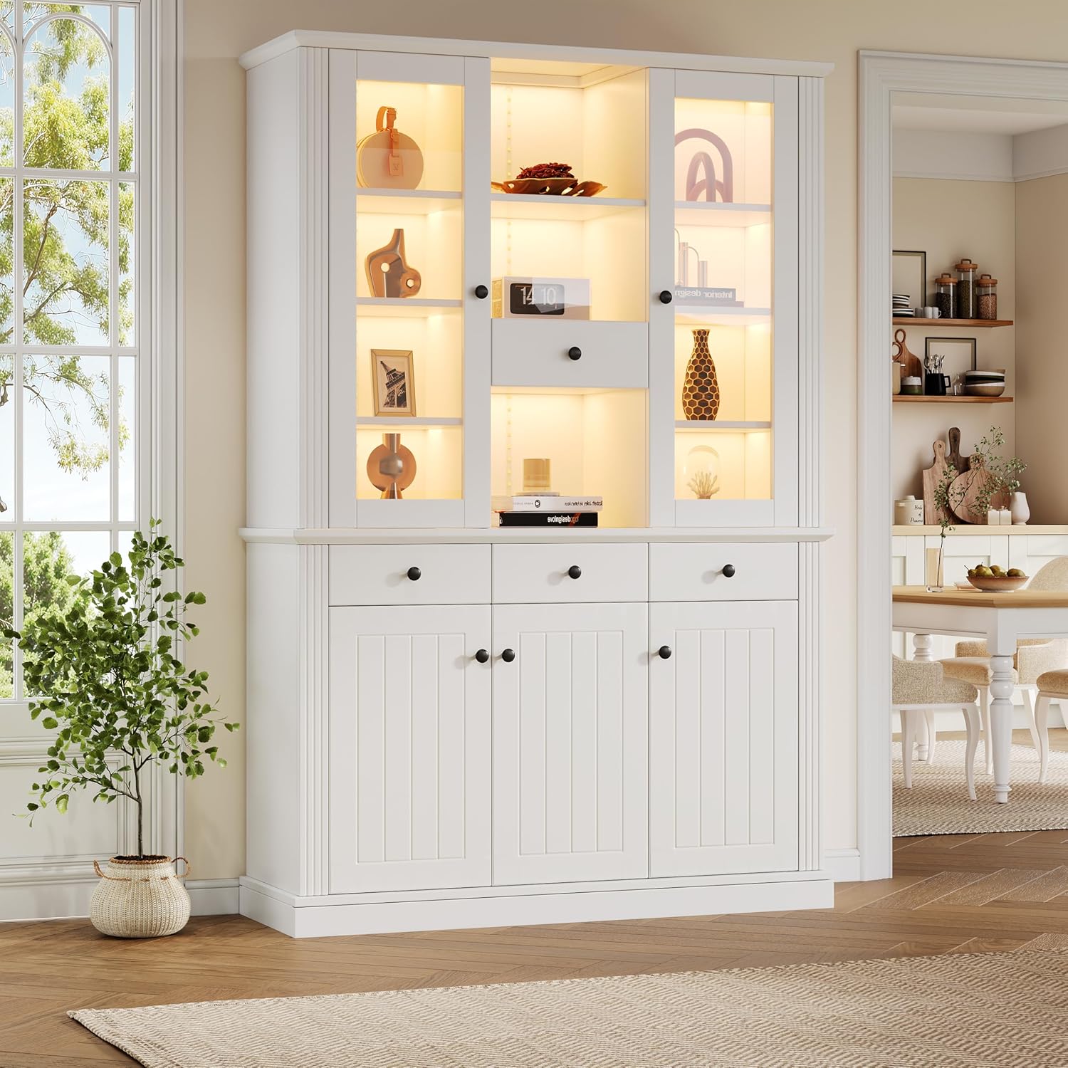 Merax Vitrinenschrank mit LED, Modern Bücherschrank Standvitrine mit Transparente Vitrine aus Acryl, 5 Türen 4 Schubladen, Offene Fächer, Highboard Sammlervitrine für Wohnzimmer Büro Esszimmer, Weiß