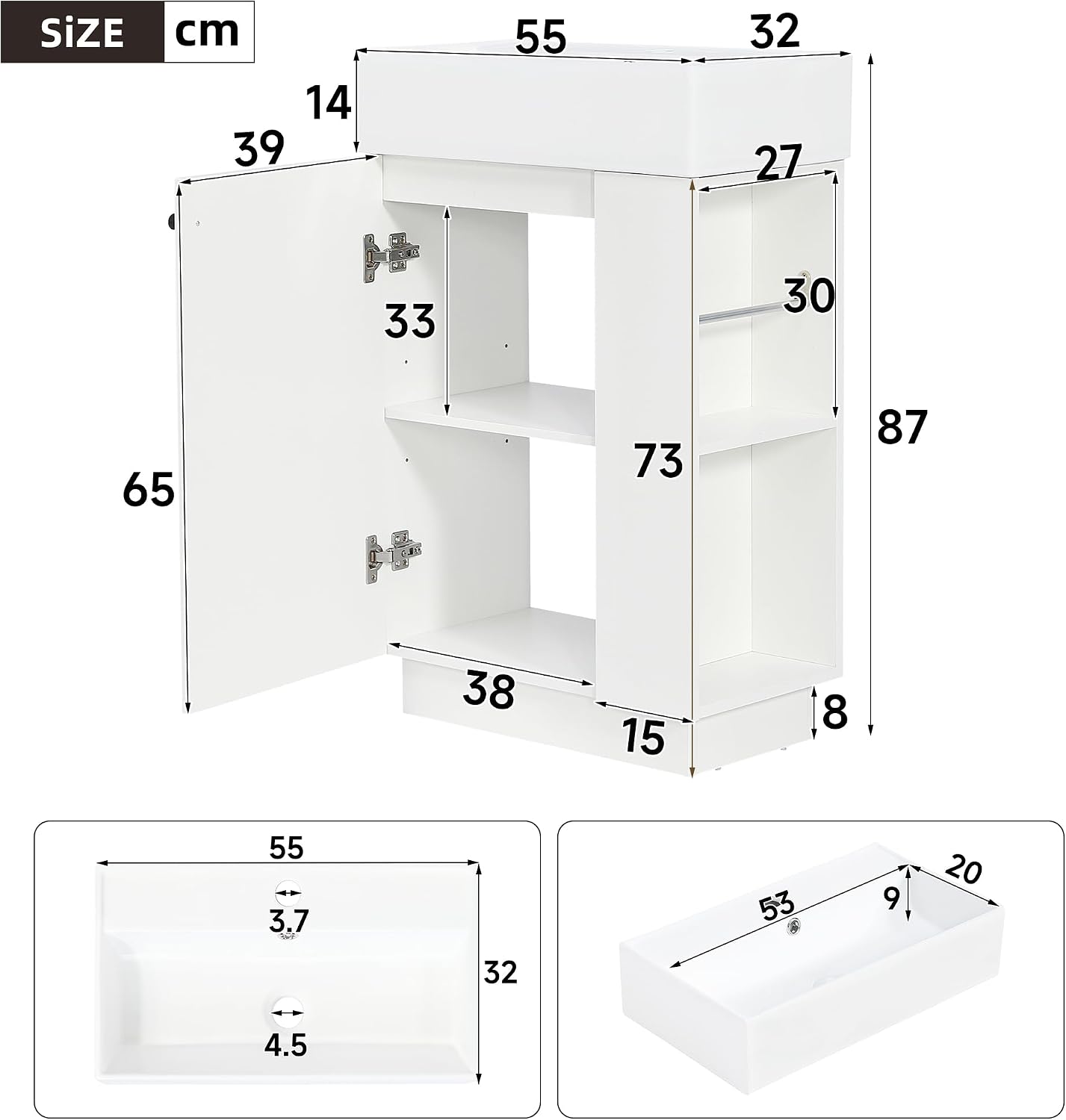 Merax Waschbeckenunterschrank 55 cm mit Keramikwaschbecken, Soft-Close,Weiß | Keramikwaschbecken,geriffelte Holzoptik, offenes Regal, abnehmbarer Toilettenpapierhalter, Überlauf, ohne Wasserhahn — Ansicht 2