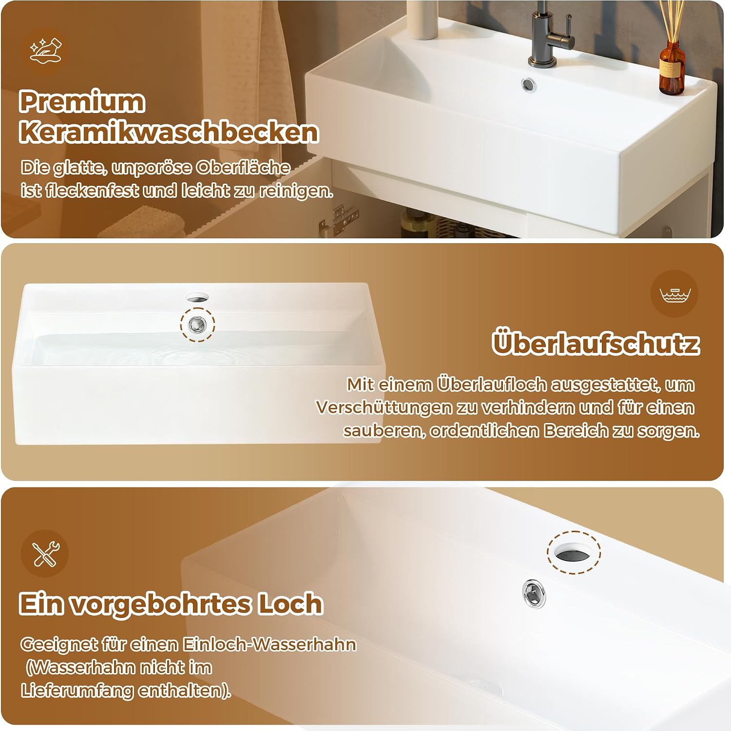 Merax Waschbeckenunterschrank 55 cm mit Keramikwaschbecken, Soft-Close,Weiß | Keramikwaschbecken,geriffelte Holzoptik, offenes Regal, abnehmbarer Toilettenpapierhalter, Überlauf, ohne Wasserhahn — Ansicht 5